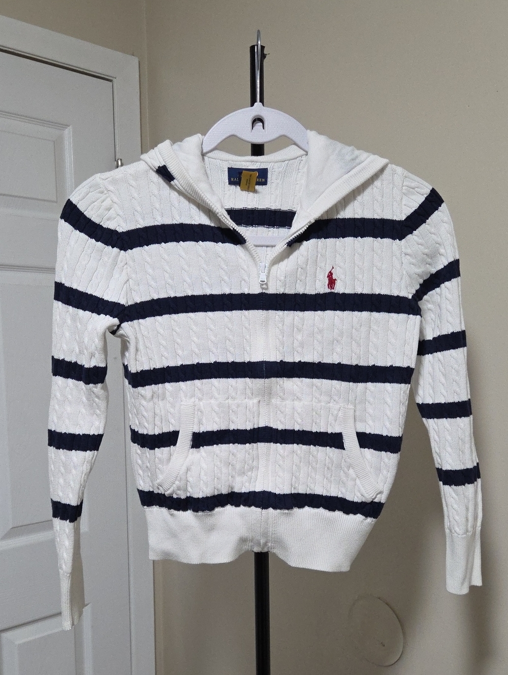 Polo by Ralph Lauren White & Navy Striped Cable-Knit Half-Zip Hoodie